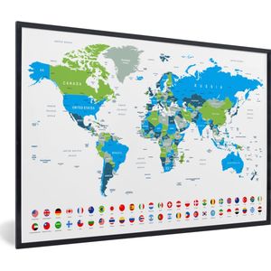 Fotolijst incl. Poster - Wereldkaart - Vlag - Blauw - Groen - 60x40 cm - Posterlijst