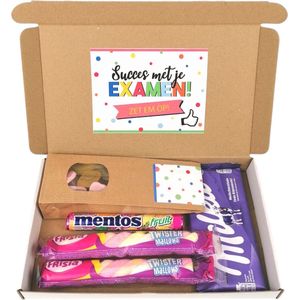 Succes met je examen - brievenbuspakketje - Succes met je examen, zet em op - snoepcadeau - Milka chocolade - Mentos - Frisia spek - winegum mix