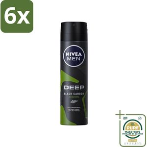 Nivea - Men - Deodorant - Spray - Deep Black Carbon Amazonia - 150 ml - Voordeelverpakking - 6 stuks - Antitranspirant - 48 uur bescherming