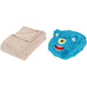 Apollo - Fleece Deken - Beige - 125 x 150 cm - Met Voetenwarmer Slof Monster