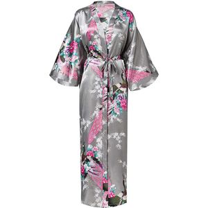 KIMU® Kimono Grijs 7/8e - Maat L-XL - Yukata Satijn Boven de Enkel - Lange Grijze Ochtendjas Japanse Kamerjas Sexy Satijnen Badjas Geisha Zilveren Jas Sinterklaas Kado