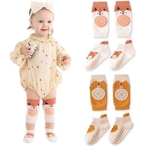 2 paar babykniebeschermers en 2 paar sokken, antislip sokken voor baby's, babykniebeschermers, cartoonpatroon, katoenen kniebeschermers, geschikt voor kinderen van 0-12 maanden