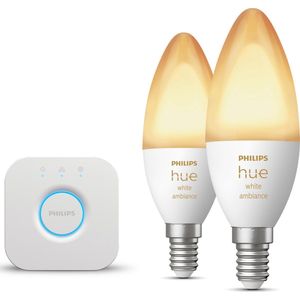 Philips Hue Starterspakket - E14 - met 2 Kaarslampen - Warm tot Koelwit Licht - Incl. 1 Hue Bridge - Hue White Ambiance