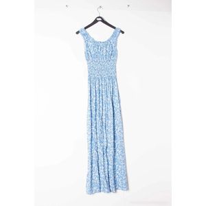 Lange dames jurk Fieke-gebloemd motief-licht blauw wit-Maat S/M-strandjurk
