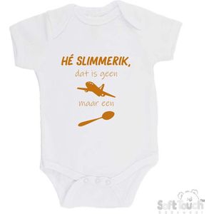 100% katoenen Romper ""He slimmerik, dat is geen vliegtuig maar een lepel"" Unisex Katoen Wit/tan Maat 56/62