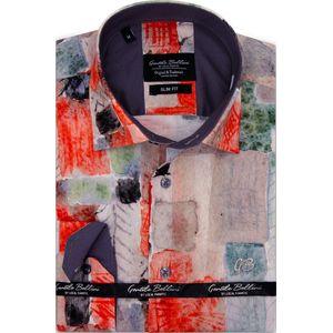 Overhemd Heren Strijkvrij - Hippe Overhemden met Print - Slim Fit Overhemd Heren - Heren Blouse met Lange Mouwen - Grijs/Oranje