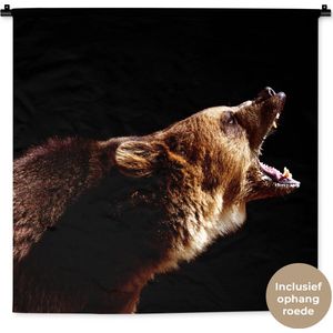 Wandkleed Dieren - Brullende beer op een zwarte achtergrond Wandkleed katoen 90x90 cm - Wandtapijt met foto