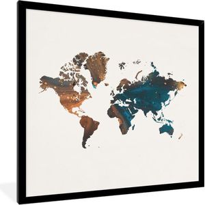 Fotolijst incl. Poster - Wereldkaart - Blauw - Oranje - 40x40 cm - Posterlijst