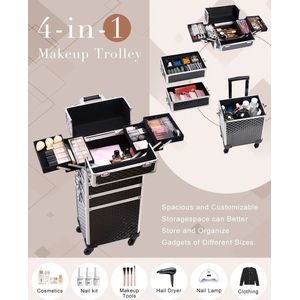 Grote Capaciteit 4in1 Make-Up Trolley Koffer ZWART 34x25x95.5cm Hoog- Cosmetica Rolkoffer & Stille Wielen- Multifunctioneel Beauty Case 8 Afsluitbare Sloten- Make-up Treinkoffer- Kappers & Reizen- Beautykoffer Deluxe Waterdicht 3Verstelbaar Trekstang