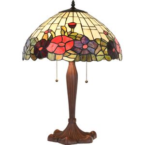 HAES DECO - Tiffany Tafellamp Ø 42x60 cm Beige Rood Glas Kunststof Rond Bloemen Tiffany Bureaulamp Tiffany Lampen Glas in Lood