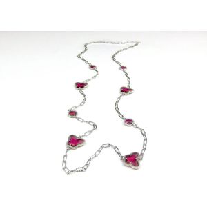 lange zilveren halsketting collier halssnoer gerhodineerd Model Vlinder en Bol met rode stenen