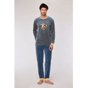 Woody pyjama jongens/heren velours - antraciet/geel gestreept - kat - 252-10-PLC-V/916 - maat L