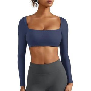 Dames Crop Top lange mouwen met ingebouwde beha - Sporttop met vierkante hals