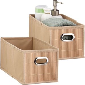 Relaxdays 2x opbergmand bamboe - badkamer mand - stoffen opbergbox - mandje stof - natuur