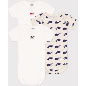 Petit Bateau Set van 3 katoenen body's met korte mouwen en walvisjes Unisex Rompertje - Wit;Blauw;Beige;Rood
