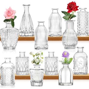 Kleine glazen vaas, grote verpakking met 12 mini-vintage bloemenflessen, delicate glazen bloemenvaas, verschillende maten voor bloemstukken, decoratieve tafeldecoratie, bruiloftsfeest thuis