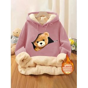 Gevoerde fleece hoodie - beer - capuchon - sweater - oud roze - maat XL