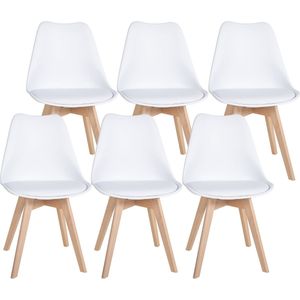 CLP Ramsey Set van 6 eetkamerstoelen - Houten frame - Kunststof zitschaal met kunstlederen bekleding - wit