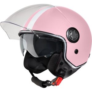 VINZ Parchi Scooterhelm met zonnevizier / Jethelm met streep / Brommer Helm / Dames helm / Helm Scooter Retro / Snorfiets helm / Snorscooter helm - Geschikt Voor Helmplicht Blauw Kenteken - Roze