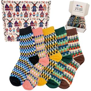 Tutti Footi - Vintage Winter Sokken Set 'Skadi' - 5 paar dames sokken Maat 35-39 - Blokjes Design, Diverse kleuren, Wol