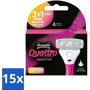 15 x Wilkinson Woman - Navulmesjes - Quattro Sensitive - Zacht - 4 mesjes - Gevoelige Huid - Scheermesjes - Navulmesjes - Scheersysteem - Aloë Vera