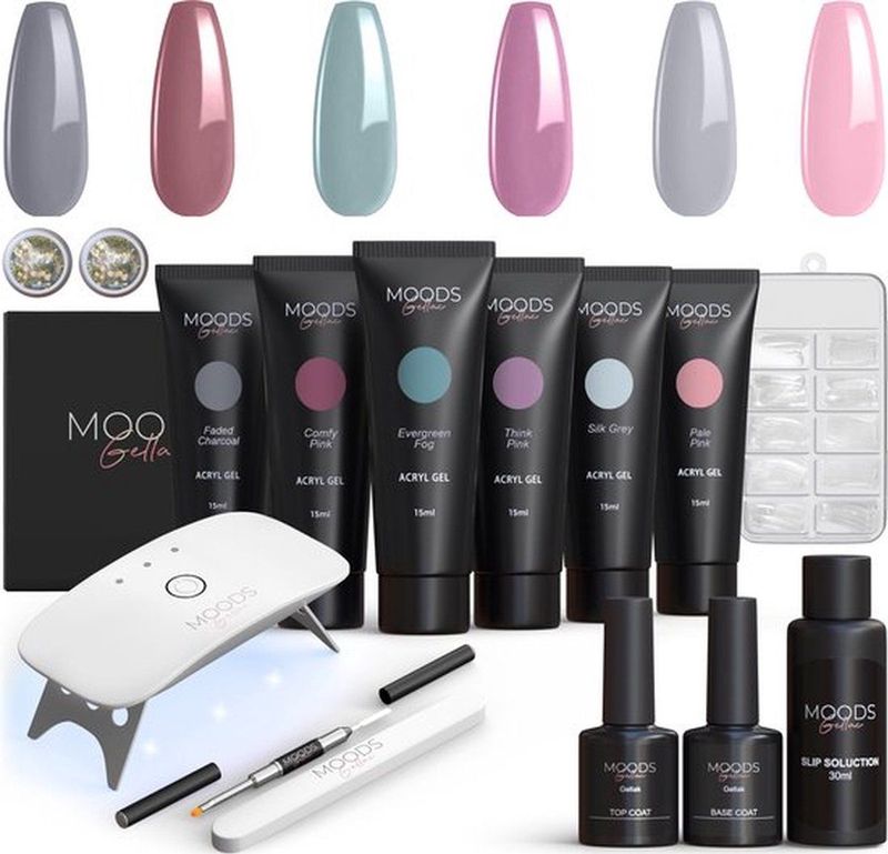 Moods Gellac - Luxe Polygel Set - Polygel Nagels Starterspakket - Inclusief UV LED lamp - 6 Kleuren - Grey Nude