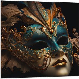 Vlag - Venetiaanse carnavals Masker met Blauwe en Gouden Details tegen Zwarte Achtergrond - 80x80 cm Foto op Polyester Vlag