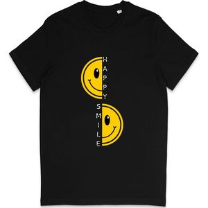 Heren Dames T Shirt - Happy Smiley - Zwart - Maat XL