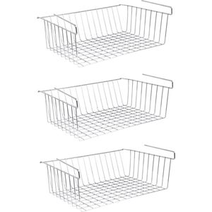 MSV Kastmandje - 3x - opberg/hang mandjes - rvs - zilver - 38 x 26 x 14 cm - draadmand