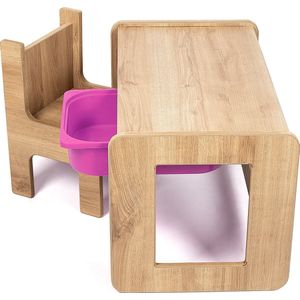 Industrial Living Speeltafel met lila kleur lade - Kindertafel - Tekentafel - Speeltafel met kinderstoel - Kinderbureau - Hout - Walnoot