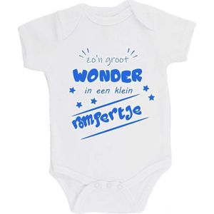 100% katoenen Romper ""zo'n groot wonder in een klein rompertje"" Jongens Katoen Wit/blauw Maat 62/68