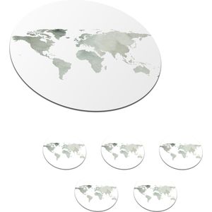 Onderzetters voor glazen - Rond - Wereldkaart - Grijs - Simpel - 10x10 cm - Glasonderzetters - 6 stuks