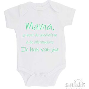 100% katoenen Romper ""Mama, je bent de allerliefste & de allermooiste. Ik hou van jou"" Unisex Katoen Wit/mint Maat 56/62