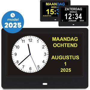 Dementieklok Analoog en Digitaal – Kalenderklok - klok met datum en dag – Alarmfunctie en Medicijnalarm - Alzheimer klok – seniorenklok – 7 Inch - Zwart