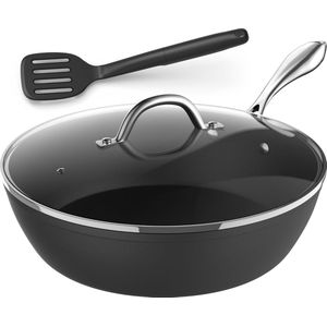 Koekenpan, inductie, diepe anti-aanbakpan met deksel, pan 28 cm, gecoate pan, greep van roestvrij staal, niet giftig, PFOA- en PFOS-vrij (zwart)