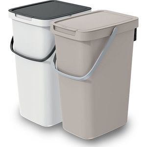 Keden GFT/rest afvalbakken set - 2x - 25L - beige/wit - 26 x 29 x 48 cm - afval scheiden