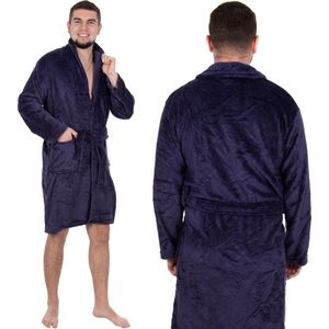 Springos Badjas - Fleece - Marineblauw - Capuchon - Riem - Maat L/XL