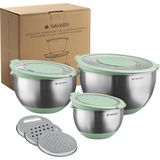 Navaris roestvrijstalen mengkom - Set van 3 kommen met deksel - Met 3 x rasp deksel - Groente snijder - Antislip keuken schalen - Mintgroen