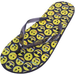 Zwart-gele flip-flops met emoji's, zwarte bandjes