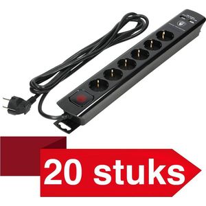 20 Stuks - Design stekkerdoos in het zwart - 3 meter kabel - 6 schuko uitgangen en 2 USB-Poorten 2.1A