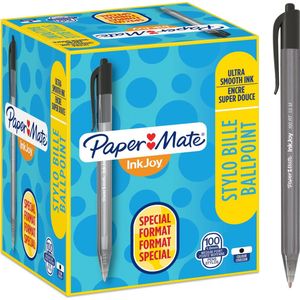 Paper Mate InkJoy 100RT-balpennen met drukknop | Medium punt (1,0 mm) | Zwart | 100 stuks