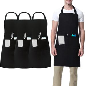 3 stuks zwart kokschort, keukenschort voor heren en dames, verstelbare werkschorten met 3 zakken, gastronomisch schort voor kelner, baas, kapper, barista-restaurant (katoen polyester)