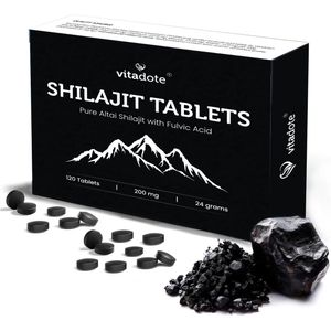 Vitadote Pure Shilajit Tabletten 24.000mg - 120 Vegan Mumijo Capsules - Altai Bron Shilajit Resin - Rijk aan 85+ Mineralen - Praktische Dosering - 200mg per Capsule