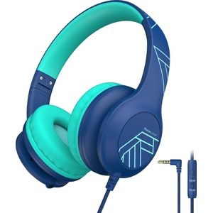PowerLocus PLED Wired Kinder Koptelefoon met Draad - Koptelefoon voor kinderen - Veilig volume van 85dB en 94dB - Hoofdtelefoon - Met microfoon - Sharing Audio Functie - Blauw