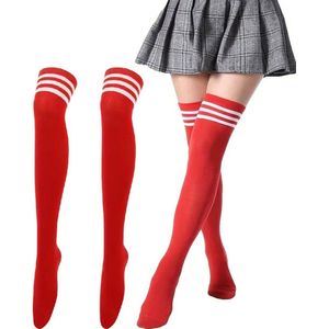 Hoge Gestreepte Kniekousen Meisejs & Dames I Elastische Knie Sokken I Knie Kousen I Verkleedkousen I Rekbaar 60 x 9 CM I One Size S/L I Rood Met Witte Strepen