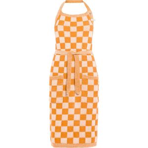 Knit Factory Gebreide Keukenschort Dames & Heren - Kookschort - Kokssloof - Keukensloof - Koksschort - Barbecue schort Block - Ecru/Orange - Oranje - One Size - Met steekzakken