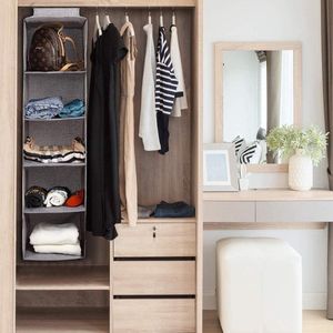 Hangende plank, hangende opslag met 5 compartimenten, hangende stoffen kast, kledingkastorganizer voor kleding, schoenen, ruimtebesparend en opvouwbaar, grijs.