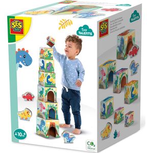 SES - Tiny Talents - Stapelblokken toren met dino figuren - Montessori - 7 stapelblokken met 3 speel dino's - mooi geïllustreerd