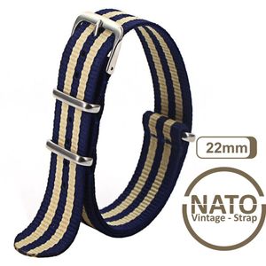 22mm Nato Strap Blauw Khaki / Goud streep - Vintage James Bond - Nato Strap collectie - Mannen - Horlogebanden - Gestreept 22 mm bandbreedte voor oa. Seiko Rolex Omega Casio en Citizen