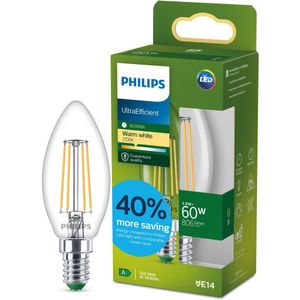 Philips UltraEfficient LED lamp - 60W - E14 fitting - Warmwit licht: 2700K - Helder glas - B35 kaarslamp - Lange levensduur